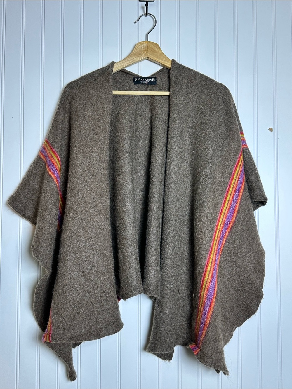Alpandina Poncho Baby AlpacaPeruvian Brown Wool Poncho with Colorful Stripe Peru